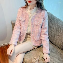 Women's Jackets Spring Fall Women Sweet Ladies Pearls Decoration WoolenTweed Jacket Coat 2023 Autumn Elegant Woman Pocket Short Coats