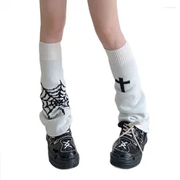 Women Socks Gothic Punk Flare Hem Cross Web Pattern Japanese Knitted Street Foot Cover Winter Autumn Boot Cuffs Long