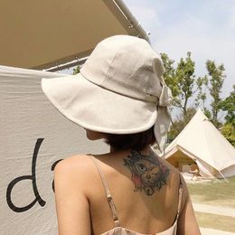 Berets Woman Cotton Linen Bucket Hat Summer Sunscreen Cap Beach Outdoor Panama Bowknot Foldable Sun Breathable Headwear