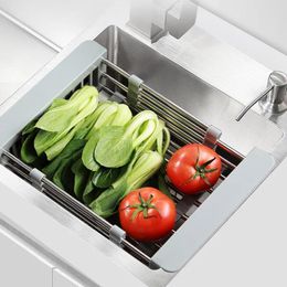 Kitchen Storage Adjustable Over Sink Dish Drain Shelf Rack Stainless Steel Fruit Basket Countertop Organizer Utensils Holder