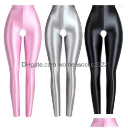 Women'S Pants Capris Womens Glossy Satin Open Crotch Tight Leggings High Waist Plus Size Shiny Yoga Sport Sweatpants Trousers Drop Dhyli