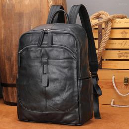 School Bags Black Leather Men Backpack Genuine Travel Bag Casual Daypack Cowhide Large Laptop Soft Skin 14"