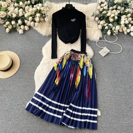 Two Piece Dress Runway Designer Pullover Knitted Black Tops and Long Pleated Skirt Suit Autumn Women Two Piece Sets Elegant Casual258C