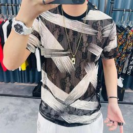 Men's T-Shirts Summer Lace Hollow Print Short Sleeve T Shirt Men 2021 Breathable Casual Slim T-Shirt Streetwear O-neck Tops T301u