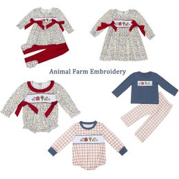 Clothing Sets Fall 2pc Jumpsuit Baby Long Sleeve Set Girl Clothes Romper Bubble Suit Farm Embroidery Bodysuit Flaral Outfits Blue Pants 231025