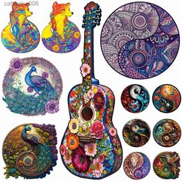 Puzzles Guitar Wooden Puzzle Peacock Taichi Irregular Jigsaw Board Games For Kid Gift Educational Games DIY Crafts Brain Trainer PuzzleL231025