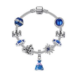16-21CM 925 silver bracelet Cinderella Sandy Labelle princess skirt charms pendant pumpkin carriage beads for girl kids gift DIY J273R