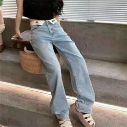 New Brand Women's Jeans Trousers White Lapel Women Straight Letter Embroidery Pants Yoga Wide Leg Trendy Casual Jeans Trouser