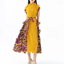 Casual Dresses Miyake Pleated Ethnic Style Sleeveless Leopard Print Ruffled Edge Loose Plus Size Belt Mid Length Dress