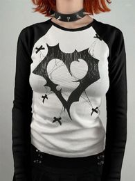 Women's T Shirts Women Y2k Goth Fairy Grunge Crop Tops Vintage Graphic Print T-Shirt Halloween Long Sleeve Tee Shirt Dark Aesthetic Clothes