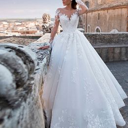 Abiti da sposa illusione bianco / avorio 2024 eleganti maniche lunghe appliques pizzo elegante abito da sposa principessa tulle abiti da sposa