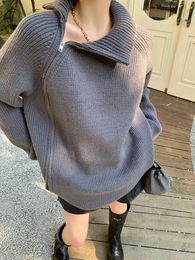 Women s Knits Tees Double Zipper Grey Turtlenecks Loose Fit Casual Long Thickening Winter Sweater Woman Fashion Oversize Retro White Pullover Women 231025