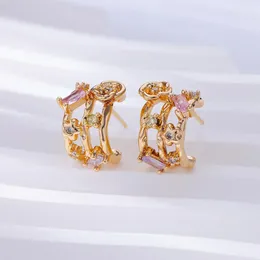 Stud Earrings Pink Zircon C Shaped Thick For Women 18K Gold Plated Jewelry Embossed Piercing Hoop Ear Decoration Trend Accessories