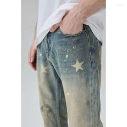 Men's Jeans High Street Ripped Unisex Pentagram Print Mid-Waist Straight Slim Trousers Autumn Men Casual Washed Distressed Denim Pants