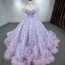 Lavender Shiny Princess Ball Gown Quinceanera Dresses Ruffle Hem Tulle Beads Sweet 15 Dress Lace Up Back Prom Gowns