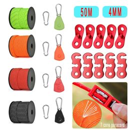 Outdoor Gadgets 50m4mm 7 Core Paracord Tent Adjustable Rope Fastener Fixed Buckle Pulley Tensioner Ratchet Awning Wind Camping Accessories 231024