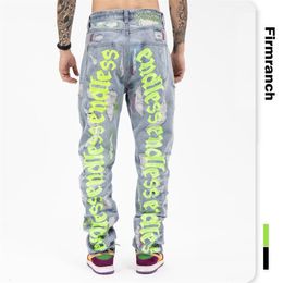 Firmranch Back Letter Embroidery Jeans For Men Ins Street Broken Hole Homme Loose Endless Denim Pants Moto Trouse288r