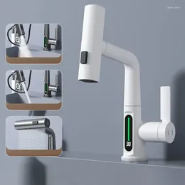 Bathroom Sink Faucets Pulling Lifting Digital Display Faucet Smart Temp Tap360 Rotating 5Sprayer Water Saving Cold Washbasin