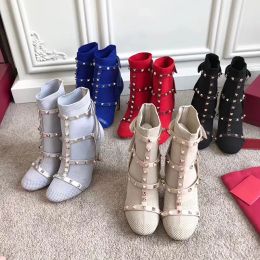 Fashion Studs sock boots ladies work ankle boots with leather straps 105mm High heel shoes Christmas gifts with