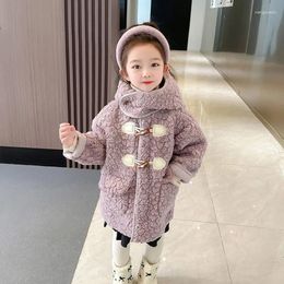 Jackets Girls Long Coat Fur 2023 Comfortable Warm Winter Baby Purple And Green Korean Style Lovely Fashionable Hat