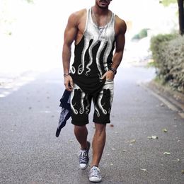 Men's Tracksuits Summer Vest Shorts Two-Piece Suit 3D Octopus Tentacles Pattern Casual Sports Jogging Style S-4XL