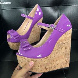 Olomm Handmade Women Platform Pumps Knot Wedges High Heels Pumps Charm Peep Toe Pretty Purple Shoes Ladies Plus US Size 5-20