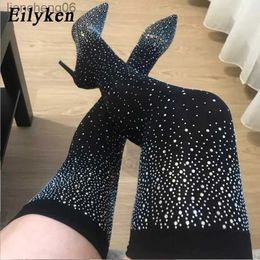 Boots Eilyken Design Crystal Rhinestone Stretch Fabric Sexy High Heels Sock Over-the-Knee Boots Pointed Toe Pole Dancing Women ShoesL231025