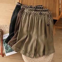 Women's Shorts Summer Loose Linen Vintage Women With Belt Elastic Waist Casual All-match Simple Literary Baggy Female Half Length Pants