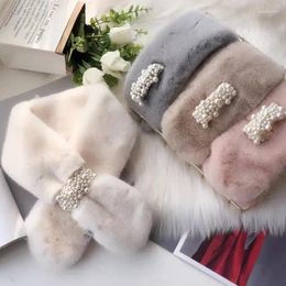 Scarves Korean Fashion Winter Pearl Faux Fur Scarf For Women Girls Cute Warm Thicken Cross Soft Neck Ring Ladies Elegant