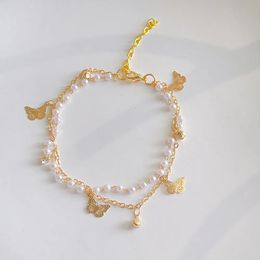 Charm Bracelets 2023 Fashion Trend Unique Design Elegant Delicate Double Layer Butterfly Pearl Bracelet Women Jewelry Party Premium Gift 231025