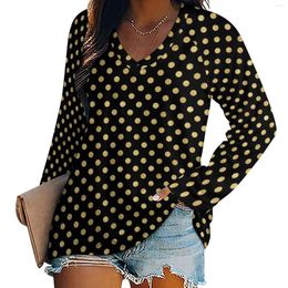 Women's T Shirts Gold Dot T-Shirt Elegant Polka Dots Cute Long Sleeve T-Shirts Woman V Neck Street Fashion Tshirt Oversize Graphic Tees