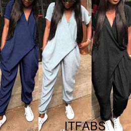 New Arrival Women Casual Loose Clubwear Jumpsuit Short Sleeve V Neck Ladies Playsuit Casual Trousers For Female248N