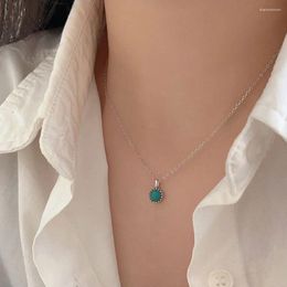 Chains S925 Sterling Silver Turquoise Necklace Small Pendant Collarbone Chain Women's Simple And Fashionable Short Style