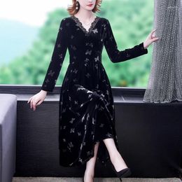 Party Dresses 2023 Spring Black Velvet Warm Floral Dress Women Elegant Office Korean Vintage Casual Vestidos