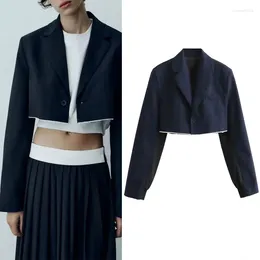 Women's Suits Woman's Cropped Blazer 2023 Blue Bomber Jackets Women Autumn Shoulder Pads Outerwears Fashion Lapel Long Sleeves Coats