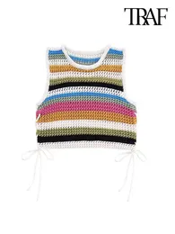 Women's Tanks Women Fashion Striped Crochet Knit Crop Tank Tops Sexy O Neck Side Vents With Ties Female Camis Mujer