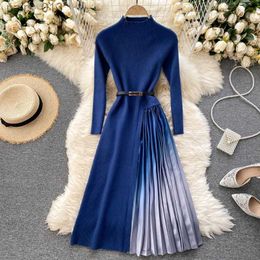 Basic Casual Dresses Blue Knitted Patchwork Pleated Women Robes Mujer Turtleneck Wrist Sleeve Spliced Gradient Elegant Lady Sweater Dress YQ231025