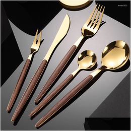 Dinnerware Sets Dinnerware Sets Golden Imitation Walnut Portuguese Tableware 430 Stainless Steel Knife And Fork Spoon Western Steak Cy Dhhqd