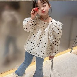 Clothing Sets Autumn Girls' Clothing Set Casual Polka Dot Top Long Sleeved Shirt Fashion Personalized Lace Jeans Children' s Clothes Suit 231025