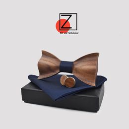 Bow Ties Design 3D Wooden Tie Pocekt Square Cufflinks Fashion Wood Bow Tie Wedding Dinne Handmade Corbata Wooden Ties Gravata Set 231025