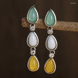 Dangle Earrings Tribal Green Yellow Stone Teardrop Female Vintage Jewelry Metal Long Drop Pendientes Mujer