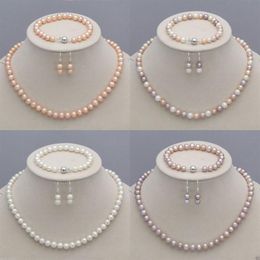 8-9mm Natural Akoya Cultured Pearl Necklace Bracelet Earrings Jewelry Set informati2356