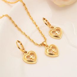 Europe women Jewellery set 18 k Fine Solid Gold filled heart cross Pendant Necklaces Earrings Ring Bridal Wedding Gift2792