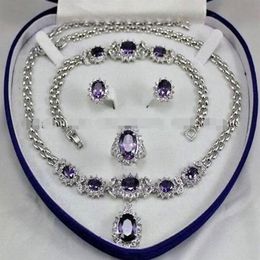 BeautifulAmethyst Inlay Link Bracelet earrings Ring Necklace Set3429