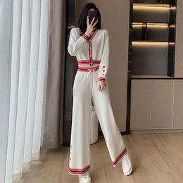 Women's Two Piece Pants Contrast Color Knitted Long Pant Suits Autumn Winter Sleeve Short Sweater Cardigan High Waist Wide Leg 2Pcs Sets