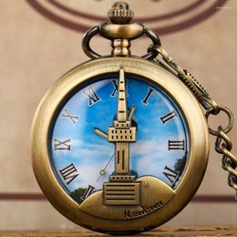 Pocket Watches Hollow Bronze N Seoul Tower Quartz Watch Antique Stylish Gifts Men Women Roman Numerals Blue Dial & Fob