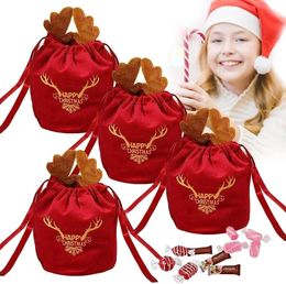 Gift Wrap 10/20Pcs Christmas Gift Bags Velvet Drawstring Presents Elk Antlers Reindeer Packing Bags for Xmas Party Favour Wrapping Decor 231025