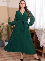 Basic Casual Dresses Plus Size Party Dress Women Summer V Neck Lace Mesh See Through Long Sleeve Chiffon Pleated High Waist Maxi YQ231025