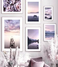 Paintings Purple Landscape Horizon Horse Calm Lake Flower Fog Nordic Poster Wall Art Print Canvas Painting Decor Picture Living Ro6421251