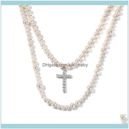 Chains Necklaces Pendants Jewelrychains Europe Hip Hop Exaggeration Cross 8-10Mm Pearl Necklace Pendant Fashion Out Men And Women 1808